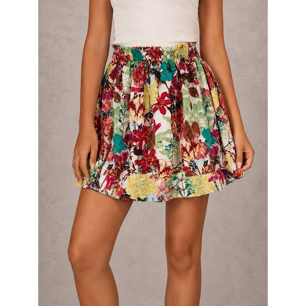 Alice + Olivia Mini Silk Skirt Womens XS Multicolor Floral Fairycore Smocked